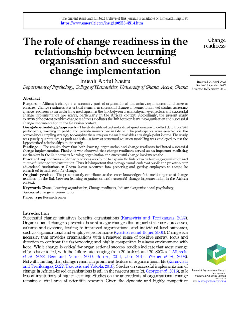 The role of change readiness in the | PDF | Behavioural Sciences ...