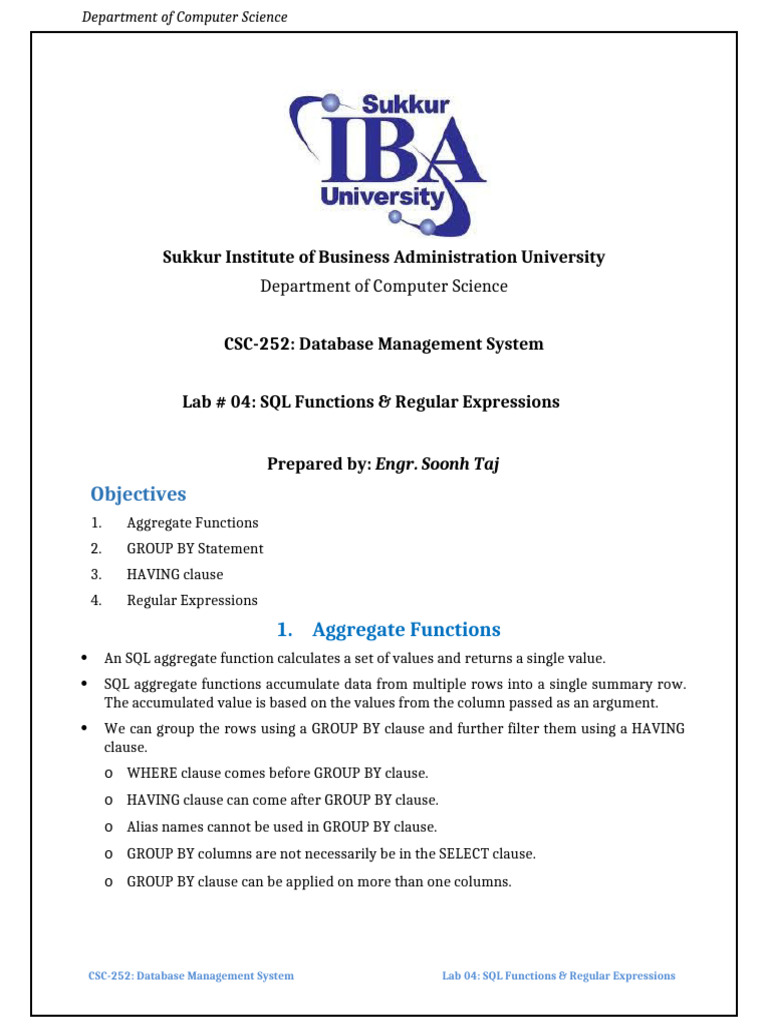 SQL Functions and Regular Expressions Guide | PDF | Data Management ...