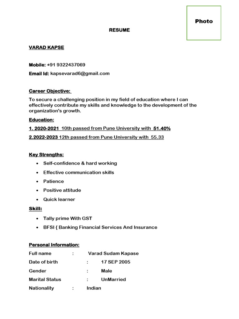 Varad Kapse Resume Overview | PDF
