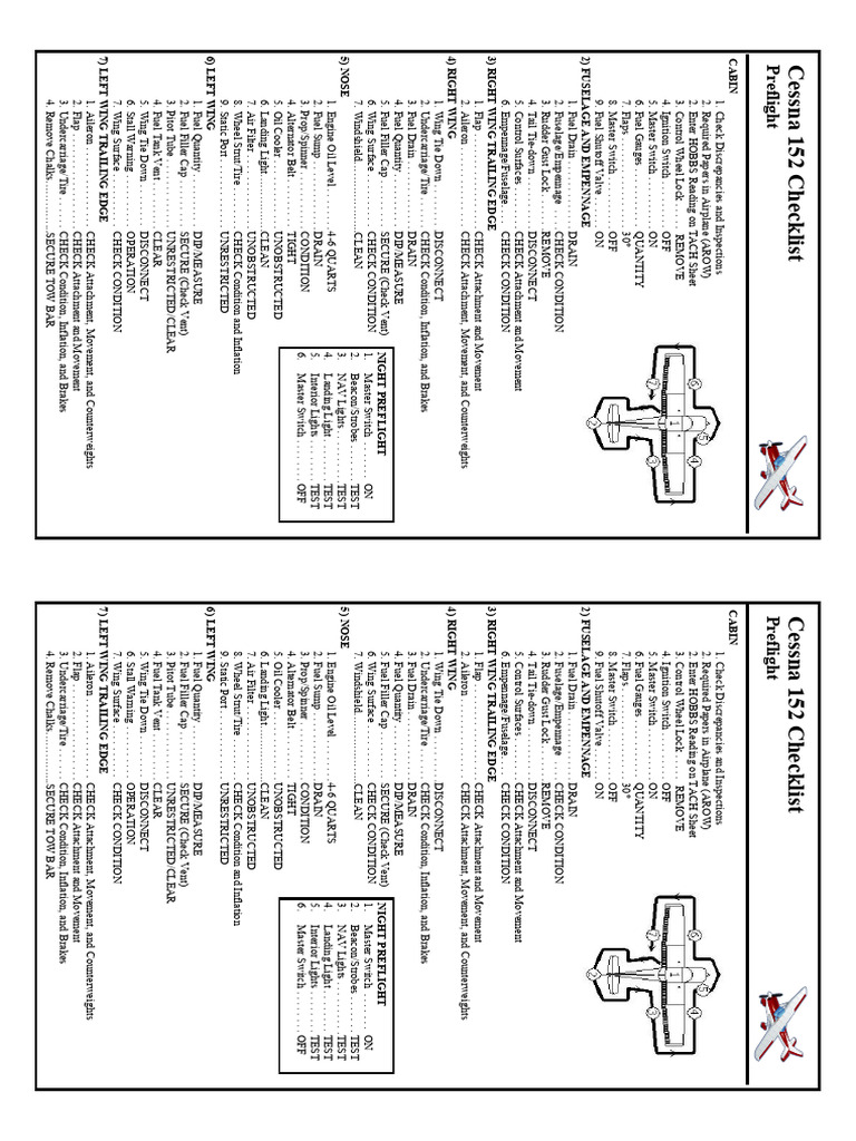 Cessna 152 Preflight Checklist | PDF | Flight Control Surfaces | Aviation