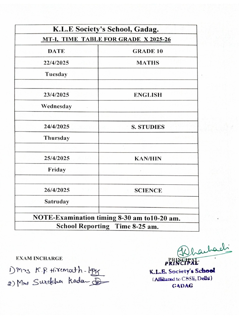 Time Table of MT-1 GRADE 10 | PDF