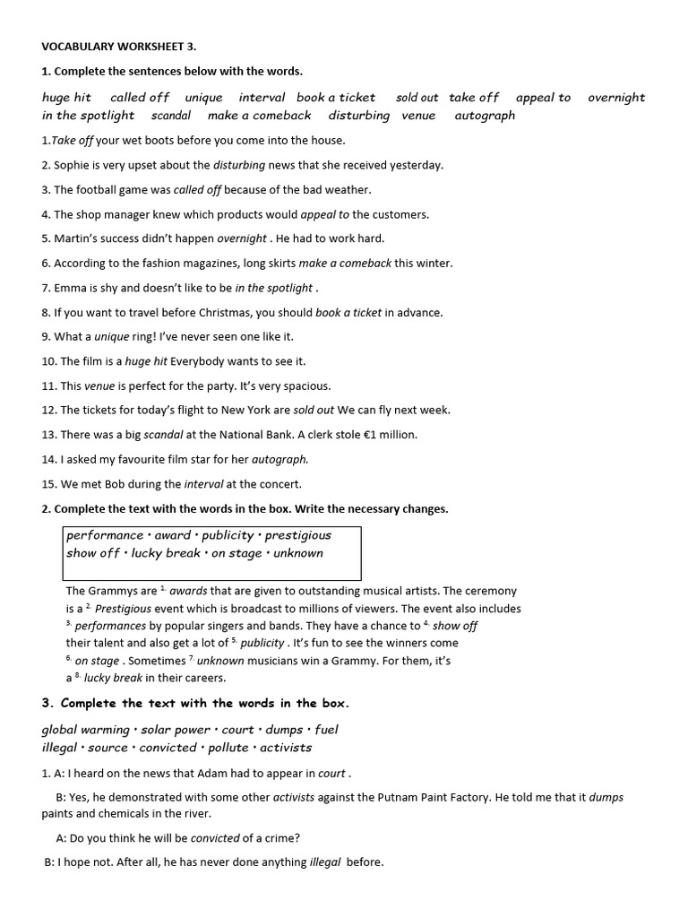 Vocabulary Worksheet with Answers | PDF