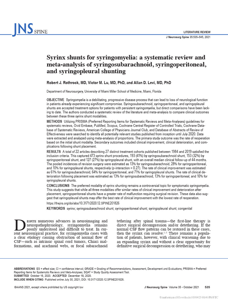 Syrinx Shunt Comparison Study | PDF | Systematic Review | Diseases And ...