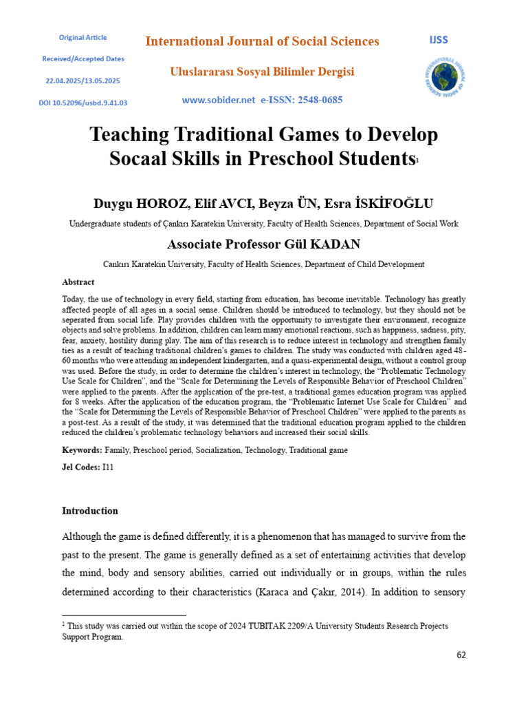 Traditional Games Enhance Preschool Social Skills | PDF | Cronbach's ...