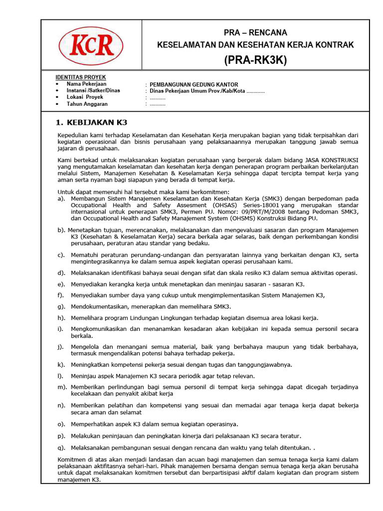 Rencana Keselamatan K3 untuk Proyek Konstruksi | PDF