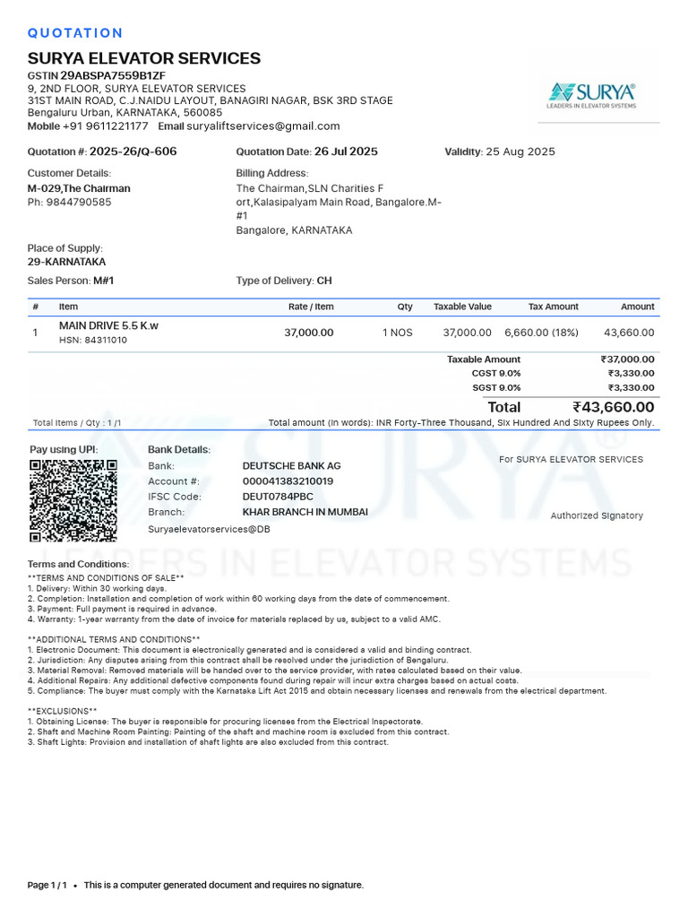 Surya Elevator Services Quotation 2025 | PDF | Payments | Taxes