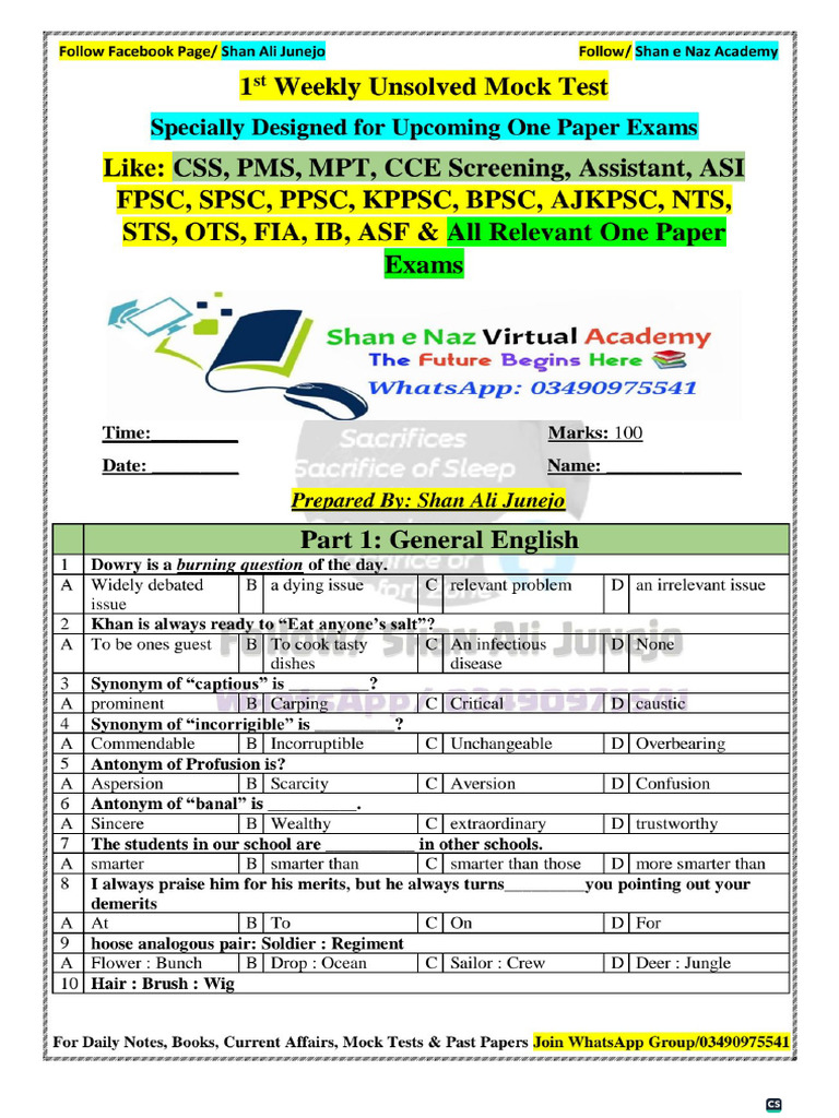 1st Unsolved Mock Test - For All Competitive Exams Preparation by Shan ...
