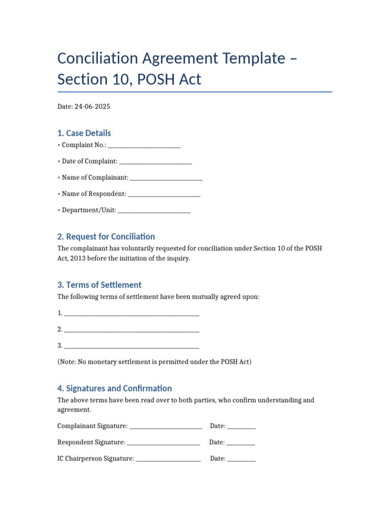 Conciliation Agreement Under POSH Act | PDF