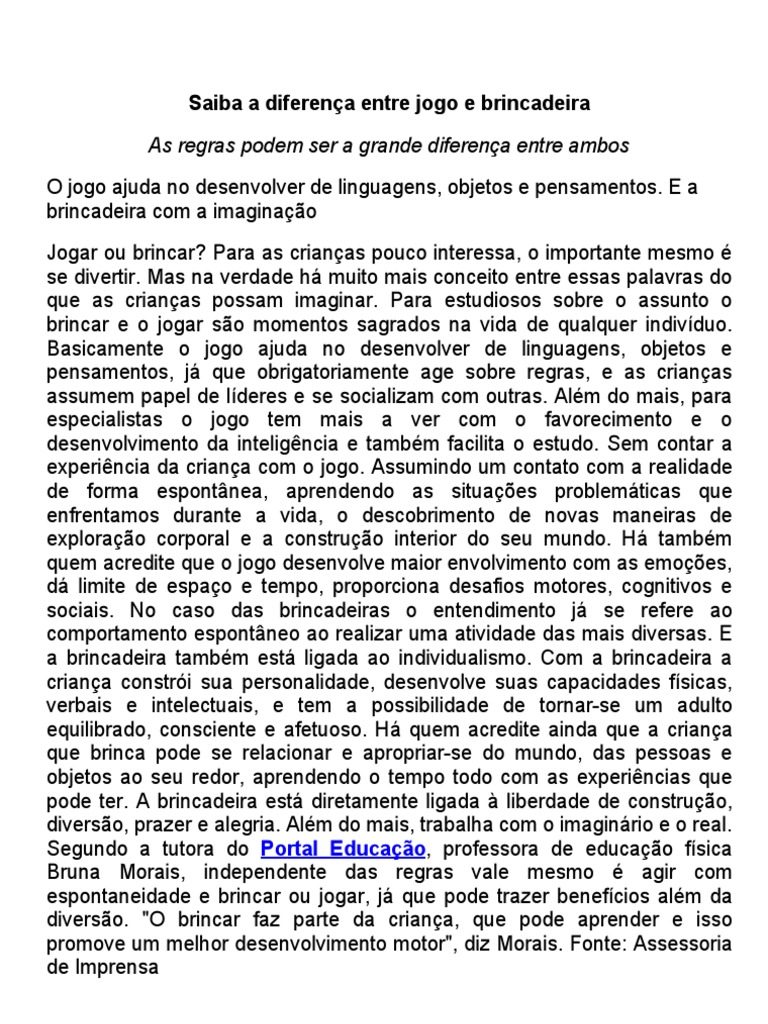 Diferença entre Jogo e Brincadeira | PDF | Ciências comportamentais ...
