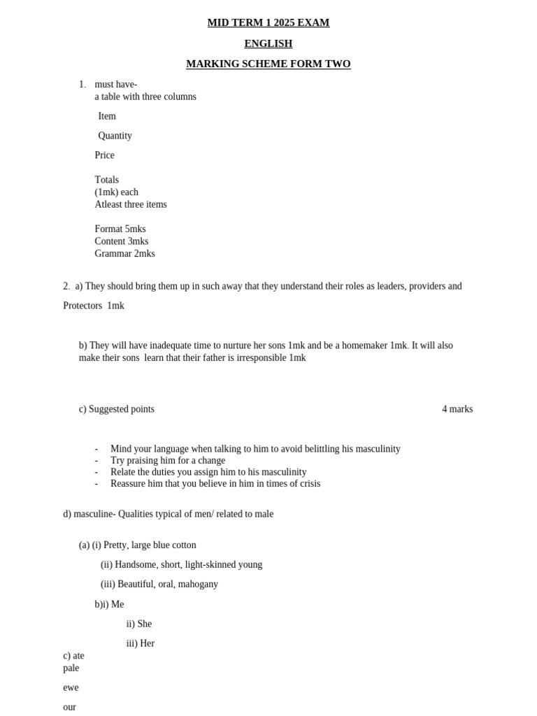 2025 Midterm English Exam Marking Guide | PDF