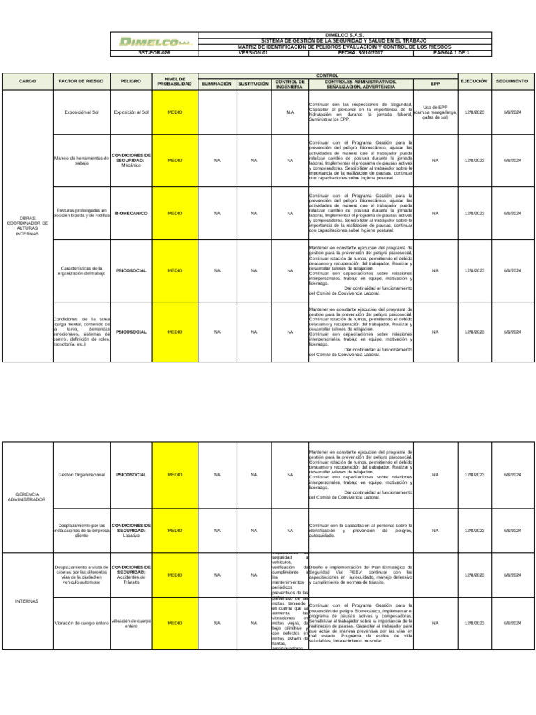 Matriz de Riesgos y Controles SST DIMELCO | PDF | Medicina CLINICA ...