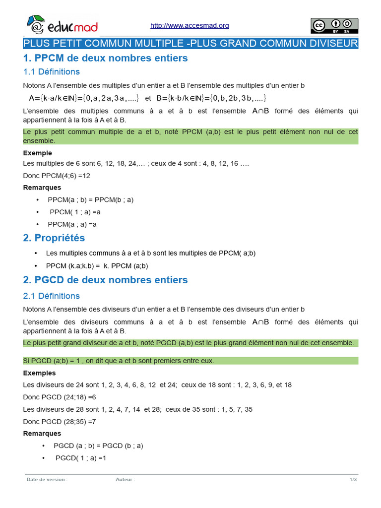 PGCD et PPCM : Définitions et Exemples | PDF | Algèbre | Algèbre générale