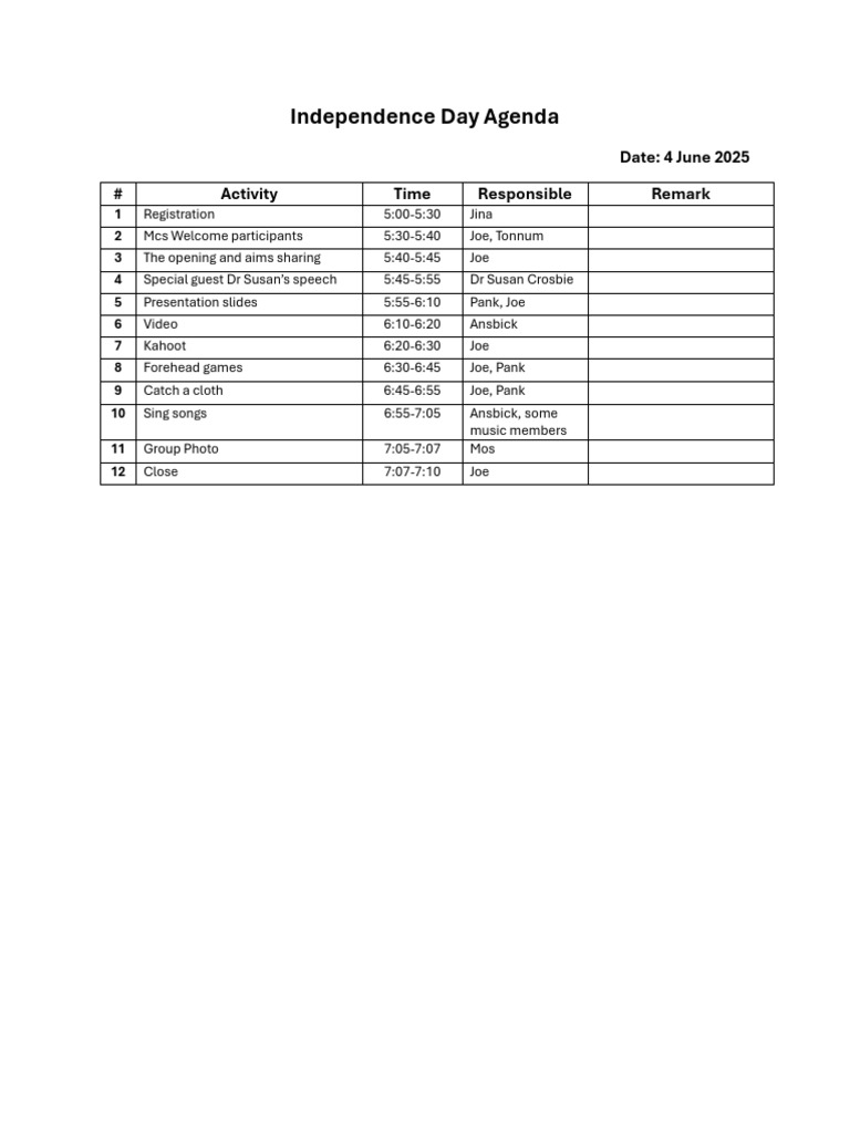 Independence Day Event Schedule | PDF