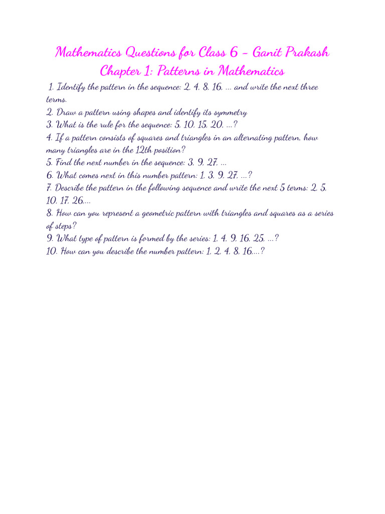 Class 6 Mathematics Patterns Worksheet | PDF