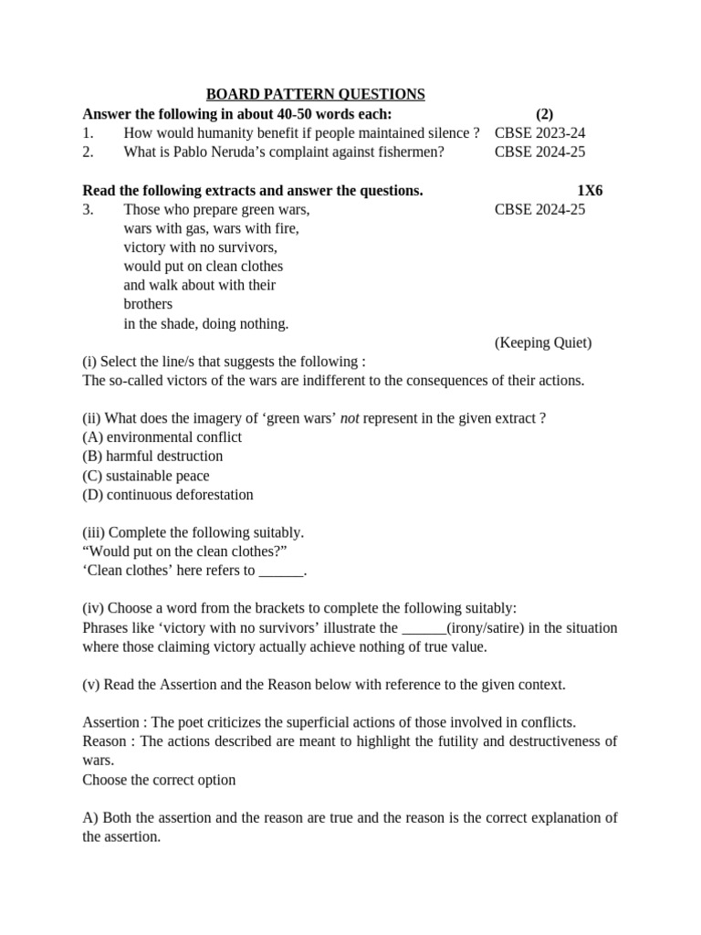 Board Pattern Questions for CBSE Exams | PDF