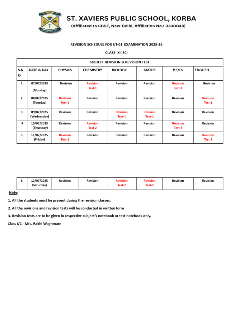 CL 12 Revision Test Schedule For UT 01 (2025-26) - 1 | PDF
