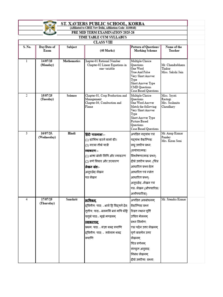 VIII, Pre-Mid Term Syllabus and Time Table, 2025!26!7 | PDF