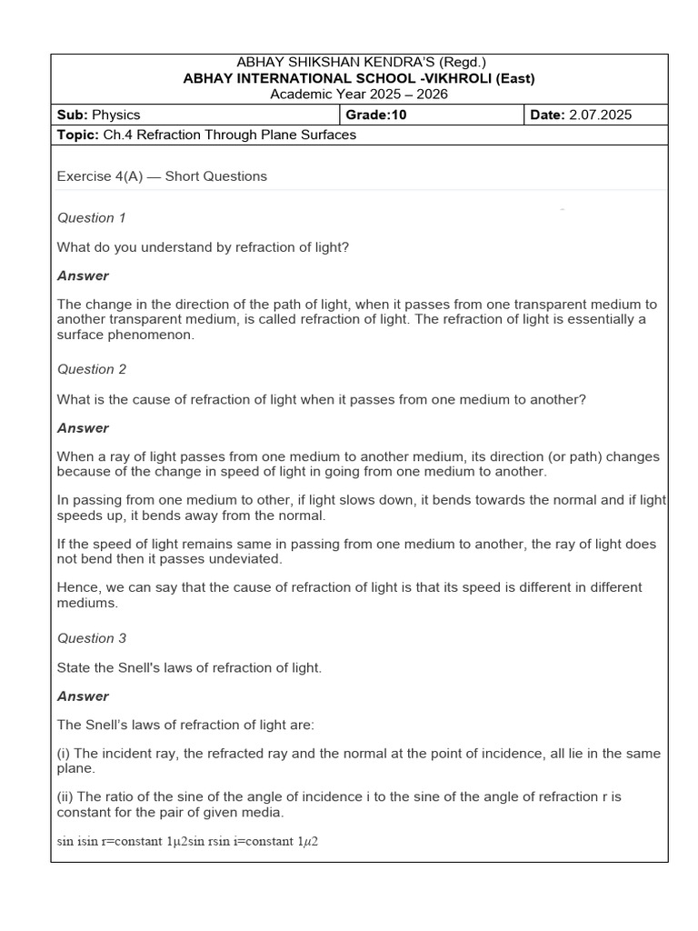 Refraction Through Plane Surfaces | PDF | Refraction | Refractive Index