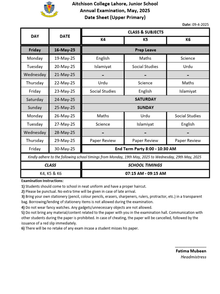 Class 6 Annual Exam Date Sheet 2025 | PDF