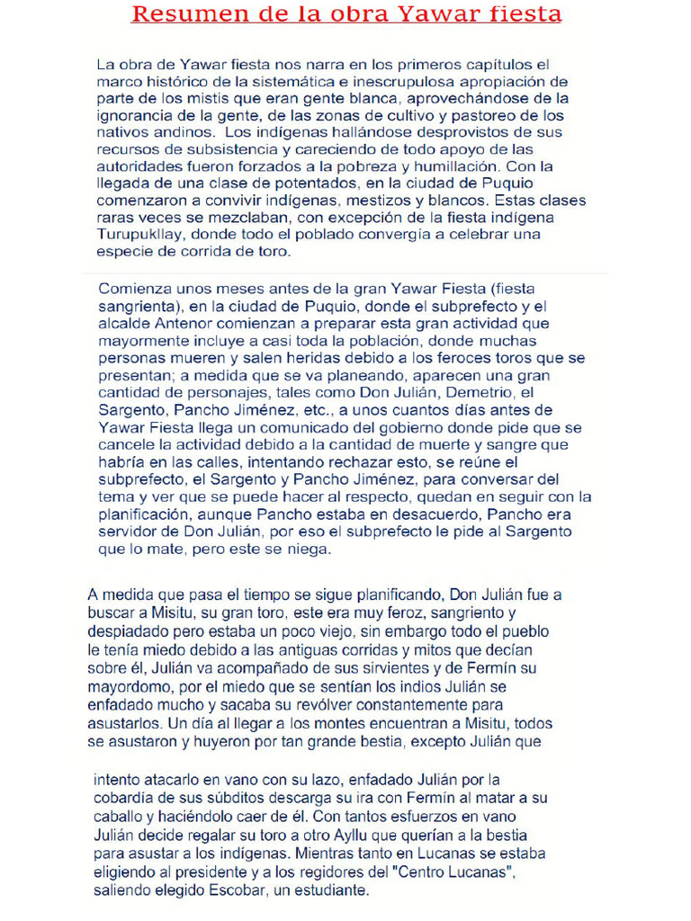 Mensaje de Yawar Fiesta sobre culturas indígenas | PDF