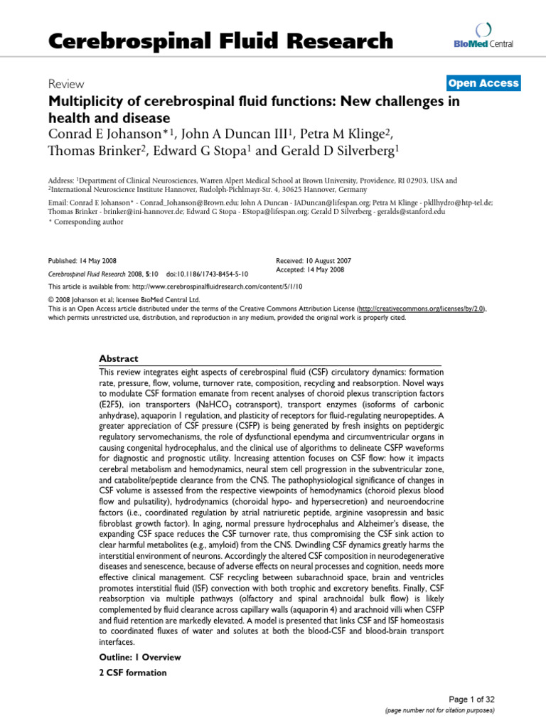 Multiplicity of Cerebrospinal Fluid Functions | PDF | Cerebrospinal ...