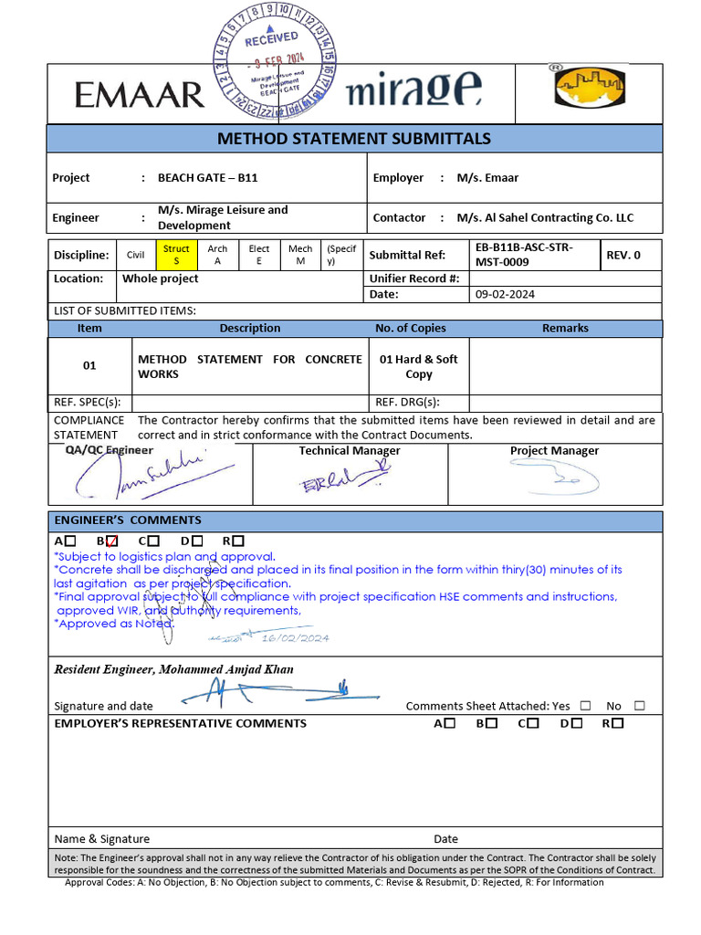 Method Statement for Concrete Works | PDF | Concrete | Materials