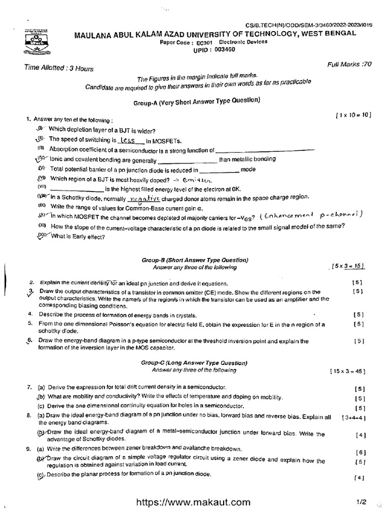 Btech Ec 3 Sem Electronic Devices Ec301 2023 | PDF