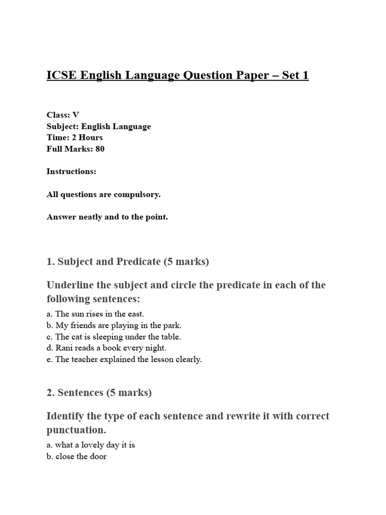 ICSE English Language Question Paper V | PDF | Subject (Grammar ...