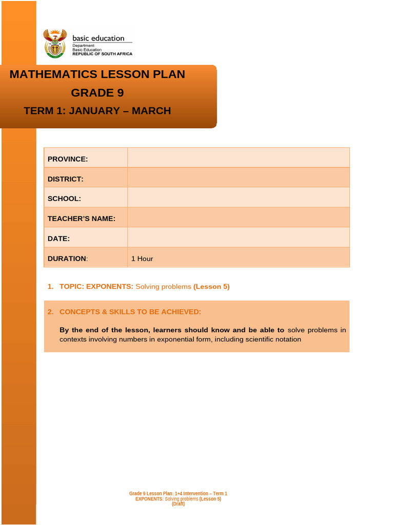 Grade 9 Exponents Lesson Plan | PDF | Exponentiation | Multiplication
