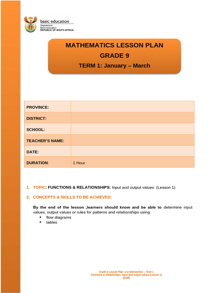 Grade 9 Functions & Relationships Lesson 1 (2) | PDF | Learning ...