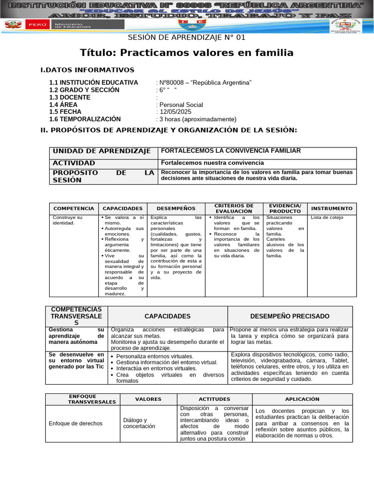 Sesión 1 - Personal Social - Practicamos Valores en La Familia | PDF ...
