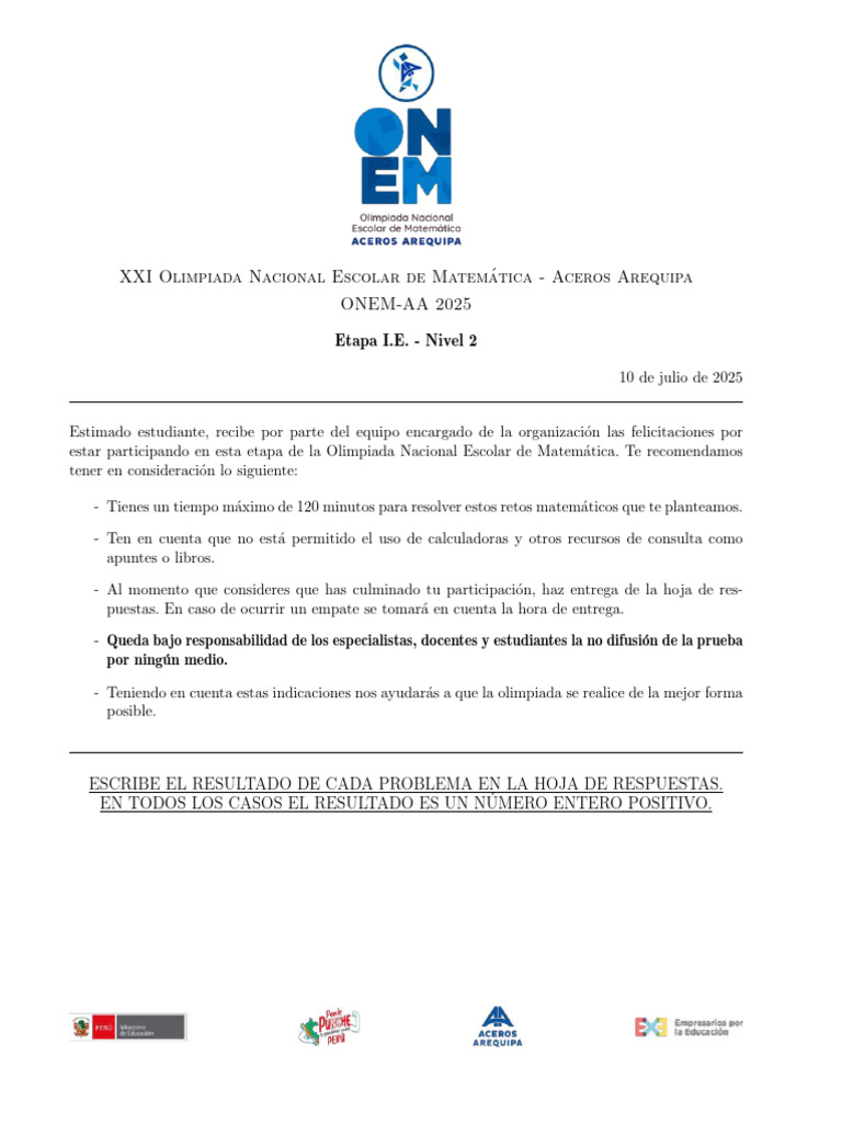 Examen ONEM 2025 - Nivel 2 | PDF