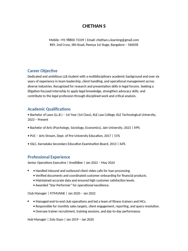Chethan S Professional Resume | PDF
