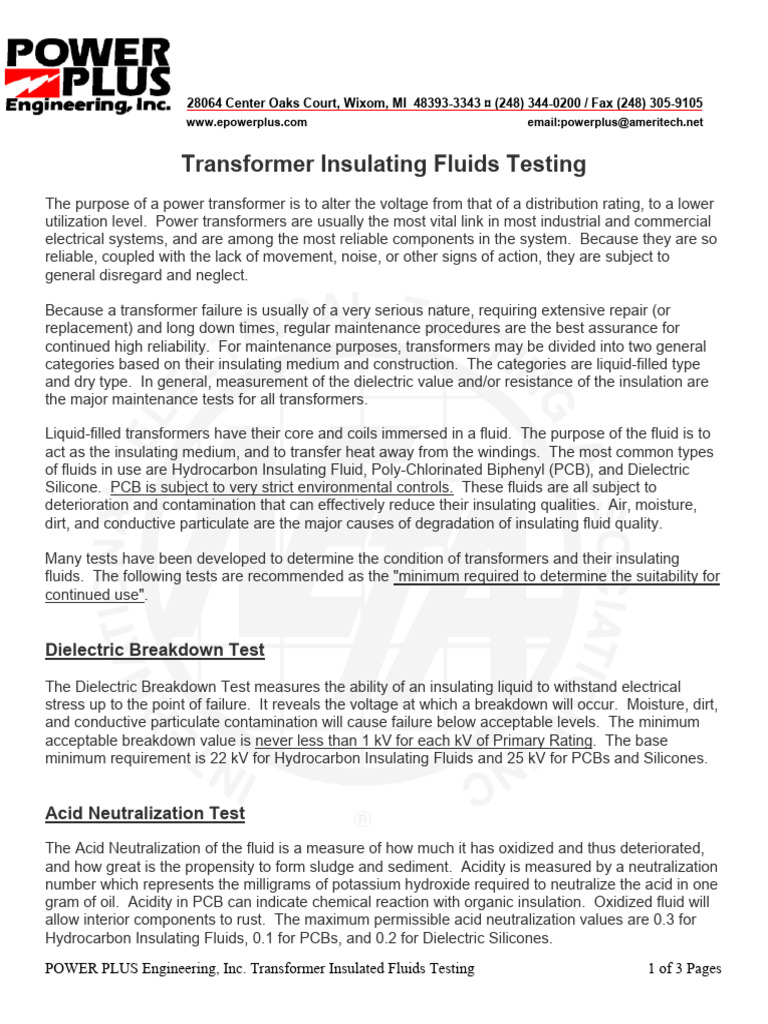 Transformer Insulating Fluid Testing | PDF | Insulator (Electricity ...