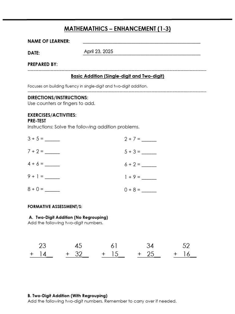 Basic Addition Skills Assessment | PDF | Learning
