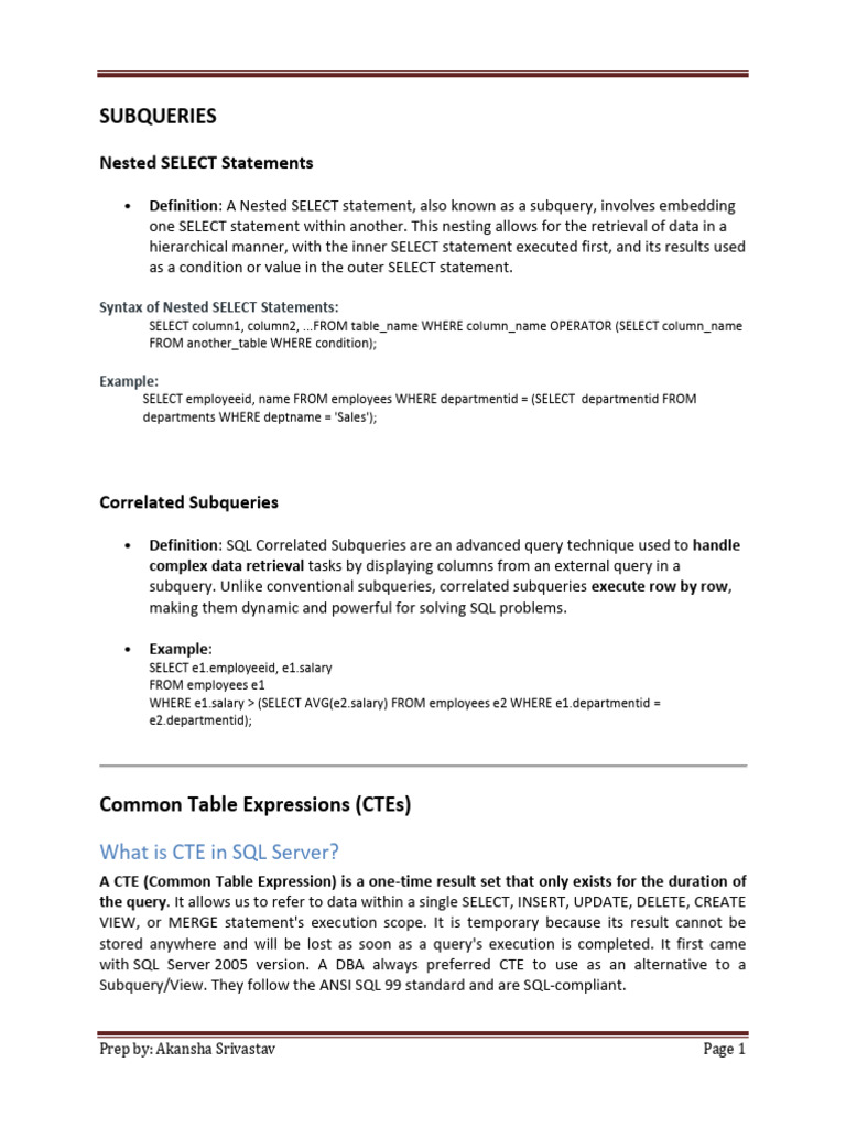 Advanced SQL Subqueries and CTEs Guide | PDF | Sql | Microsoft Sql Server