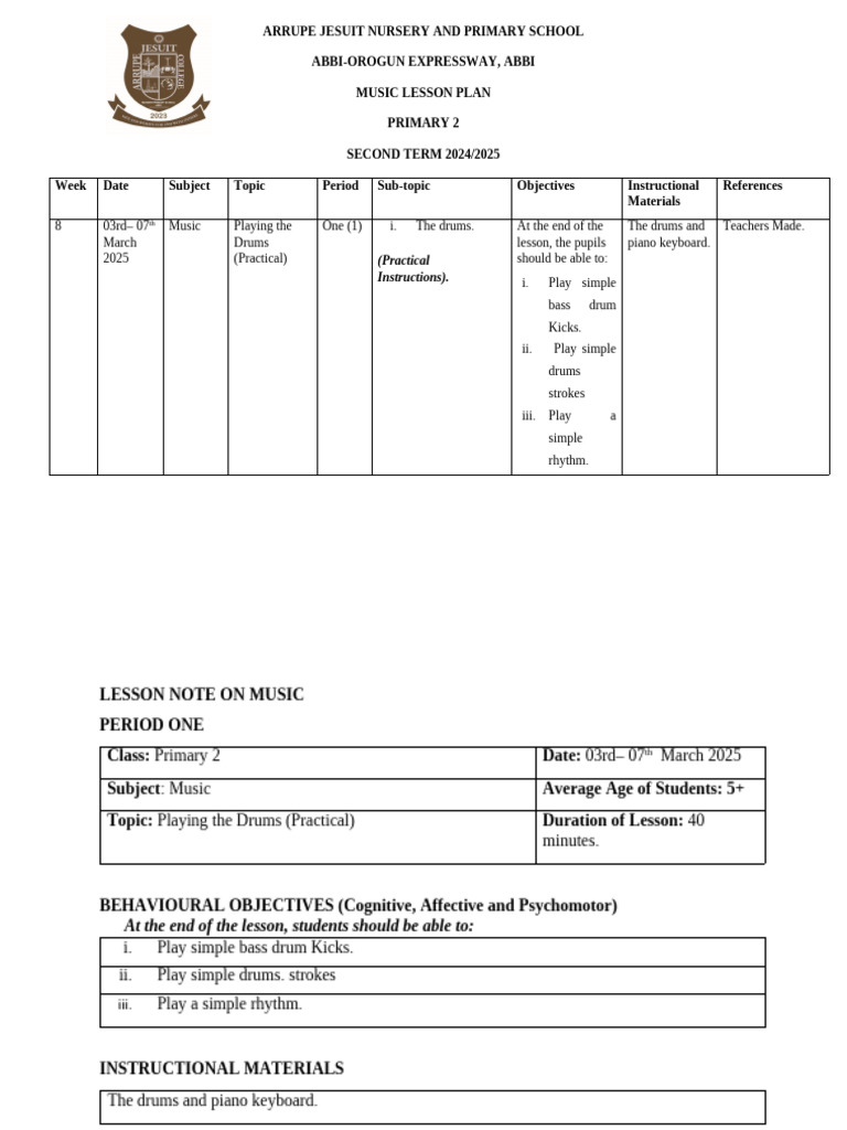 Primary 2 Drum Lesson Plan 2025 | PDF | Lesson Plan | Teachers