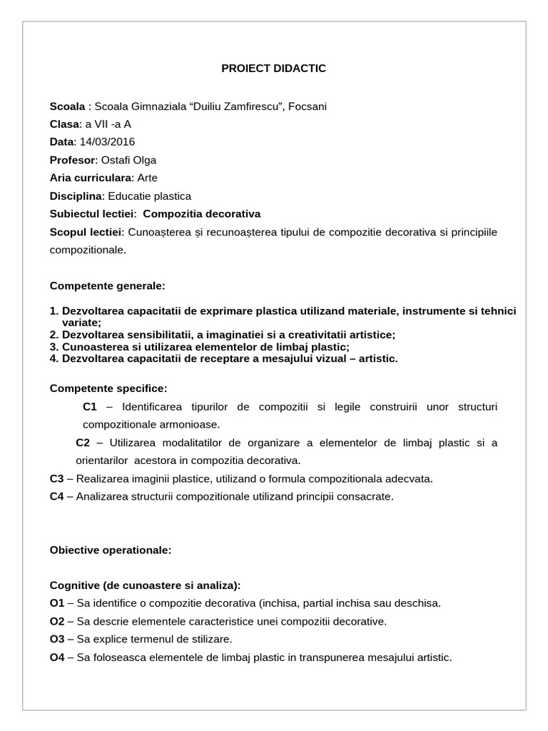 Proiect Didactic COMPOZITIA DECORATIVA | PDF