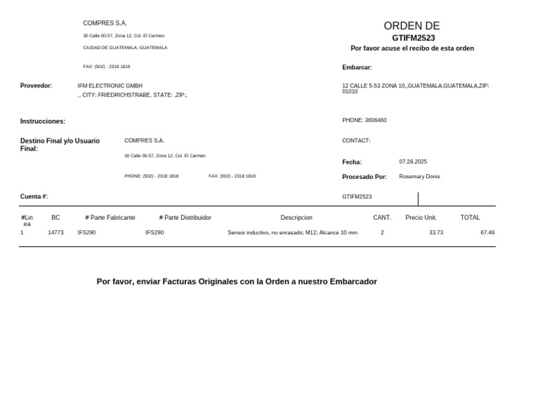 Orden de Compra: Sensor Inductivo IFS290 | PDF