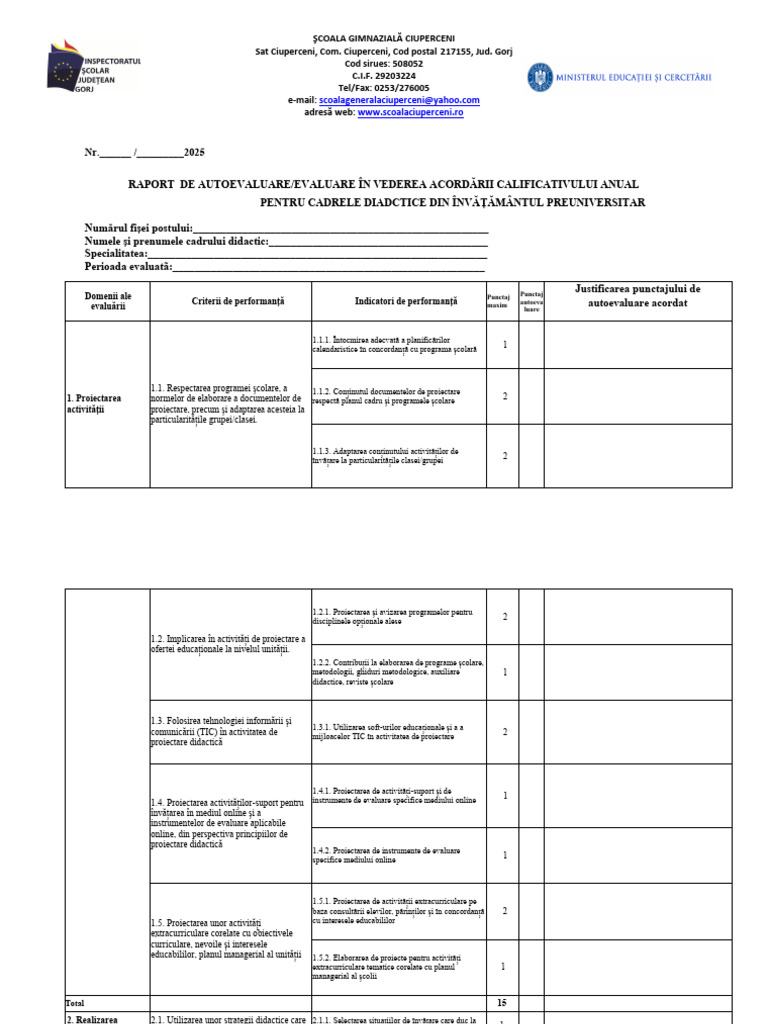 Raport de Autoevaluare Profesori 2024-2025 | PDF