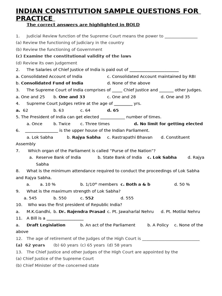 Indian Constitution Practice Questions | PDF | Justice | Crime & Violence