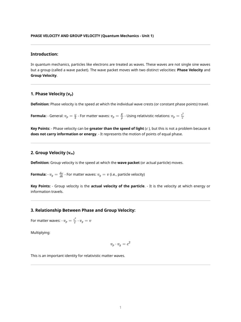 Phase and Group Velocity in Quantum Mechanics | PDF | Waves | Velocity