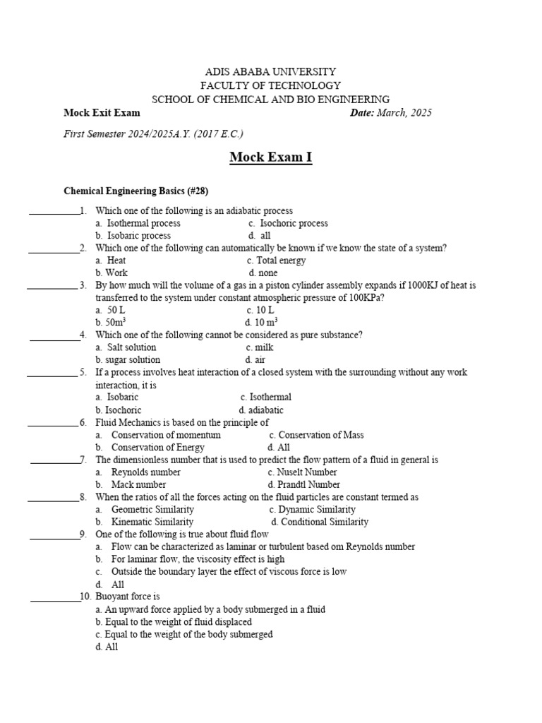 Mock Exam for Chemical Engineering Basics | PDF | Heat Transfer ...