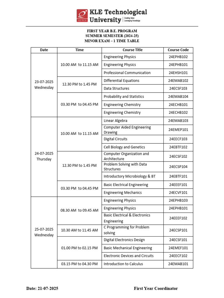 2025 First Year Engineering Timetable | PDF | Engineering | Equations