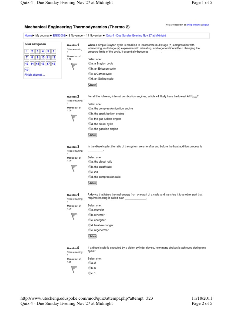 Thermodynamics Quiz for Mechanical Engineering | PDF | Internal ...