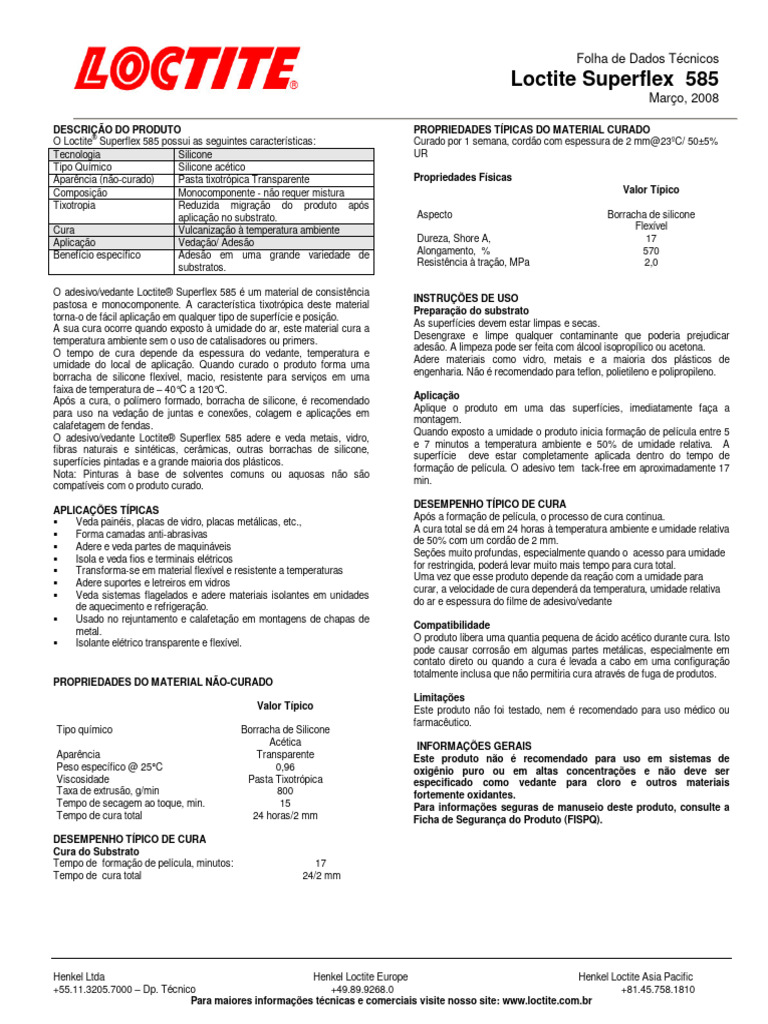 Folha de Dados Técnicos Loctite 585 | PDF | Patente | Plástico