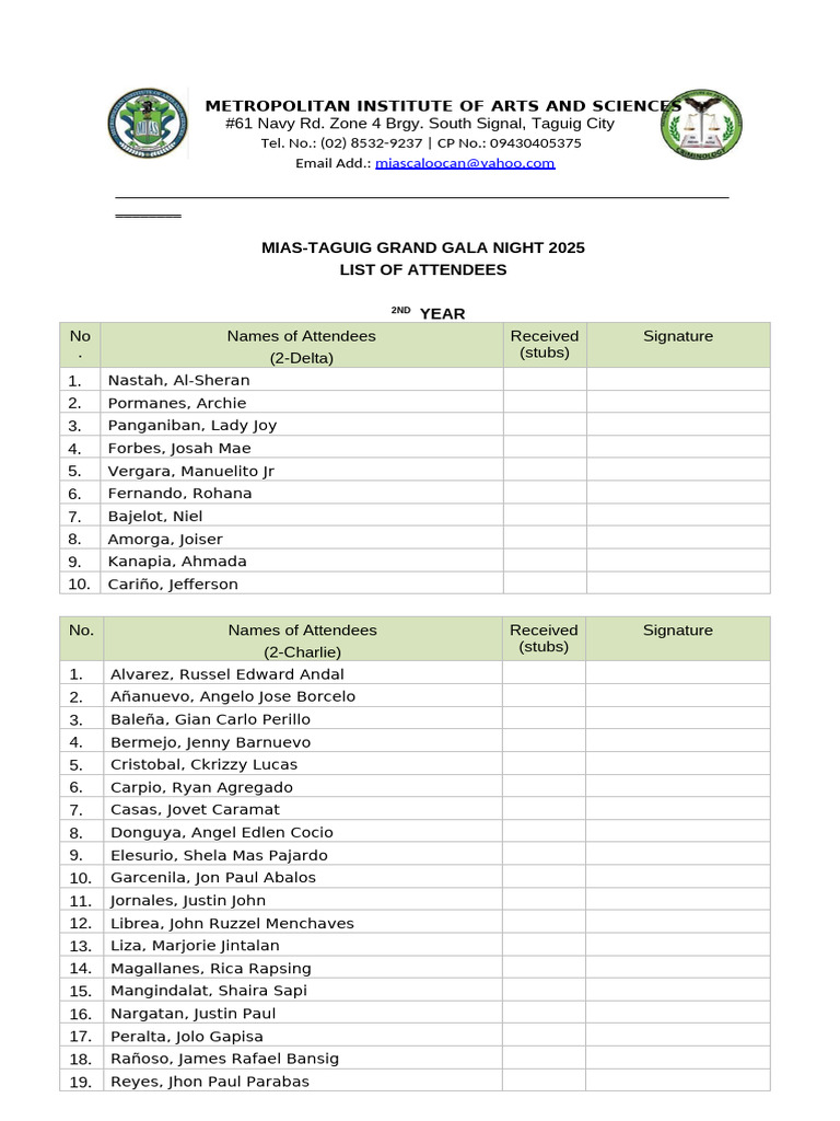 List of Attendees Gala Night 1st Year | PDF