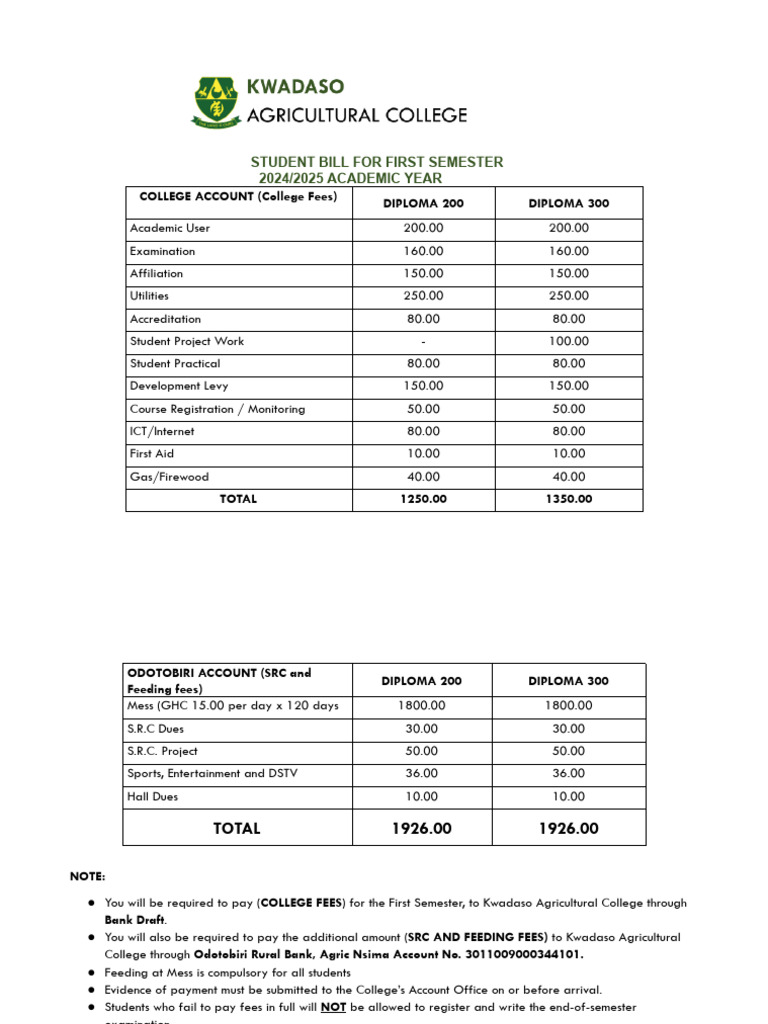 2024/2025 First Semester Student Fees | PDF