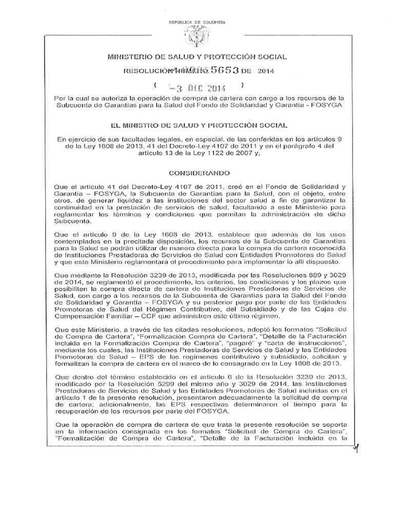 Resolución 5653 de 2014 - Compra de Cartera | PDF