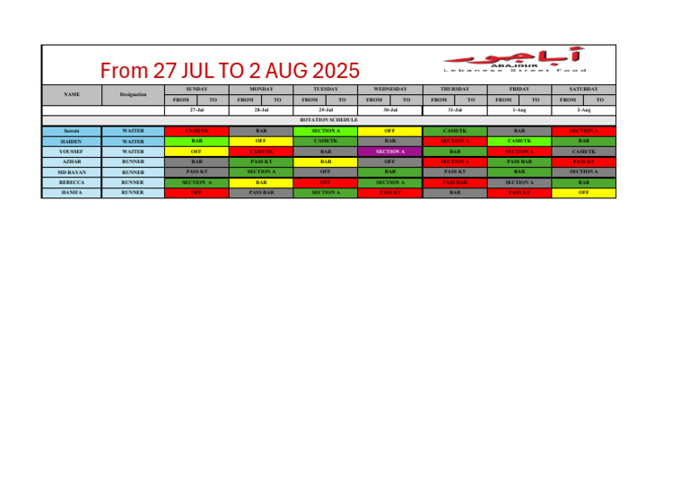 Morning Shift Rotation Schedule From 27 JUL to 2 AUG 2025 - | PDF